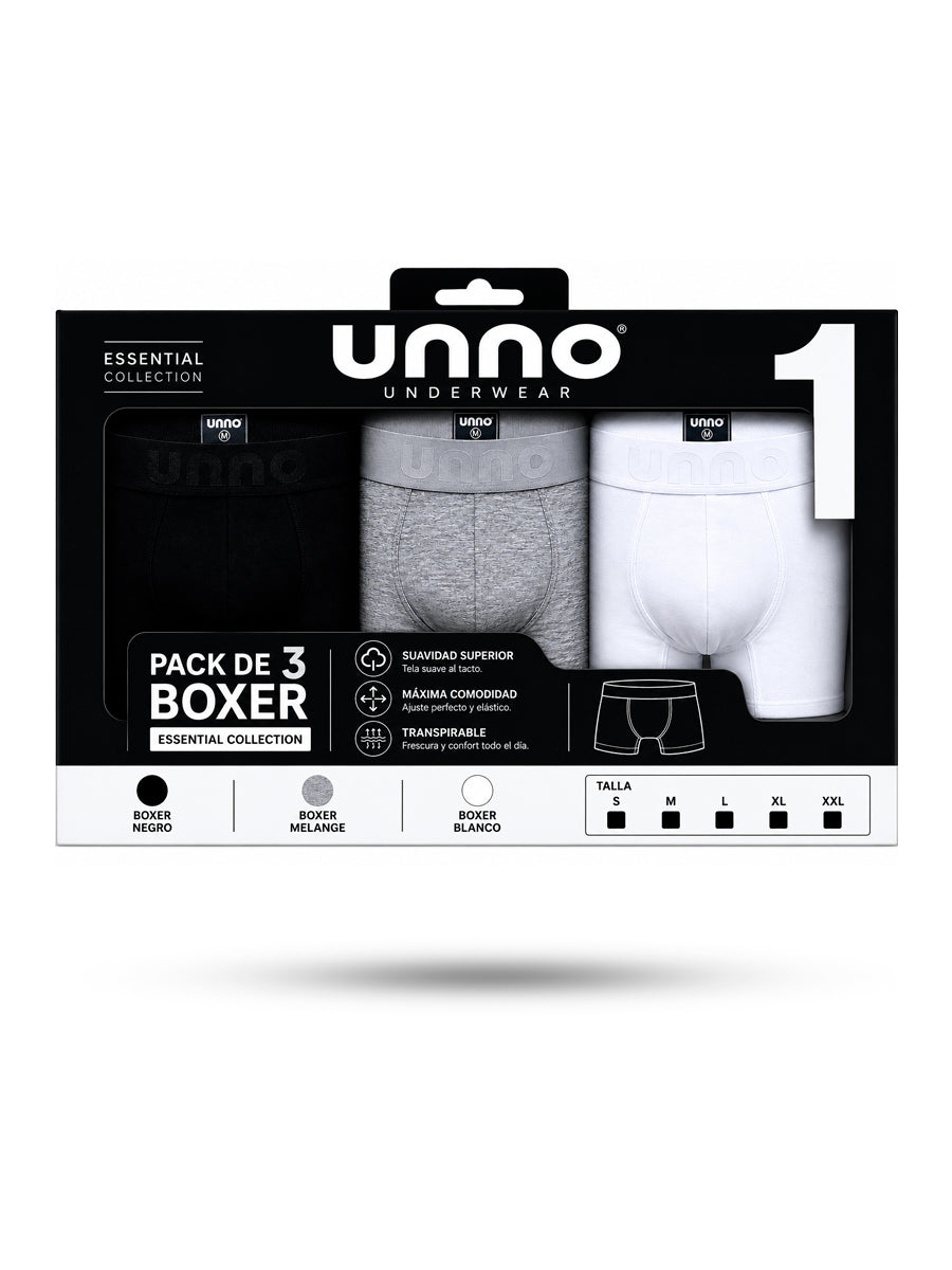 Pack 3 Boxer Essential Collection 1 (Boxer Negro + Boxer Melange + Boxer Blanco)