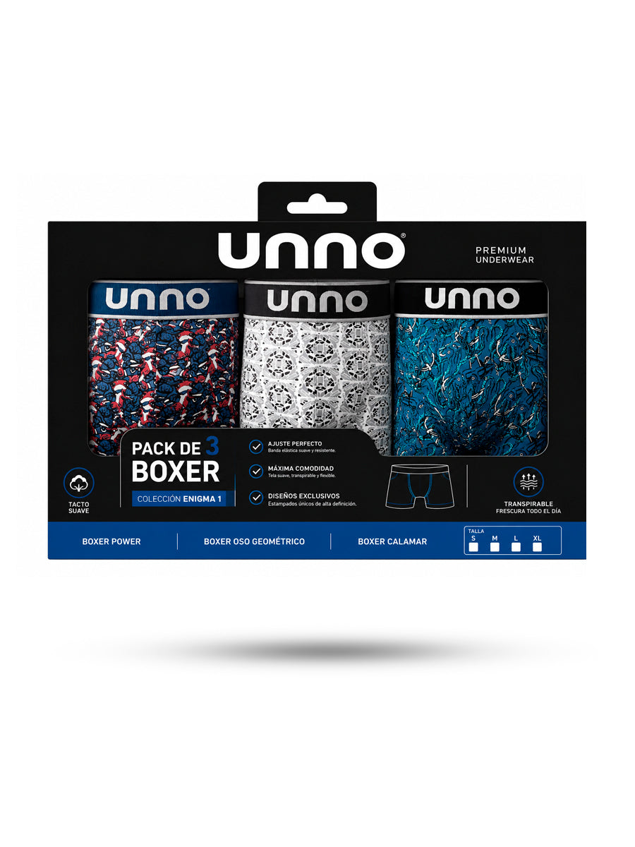 Pack de 3 Boxer Colección Enigma 1 (Boxer Power + Boxer Oso Geométrico + Boxer Calamar)